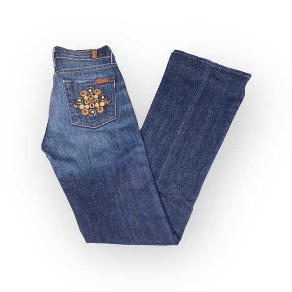 new 7 For All Mankind® ☯︎︎ Gold Medallion Embroidered Bootcut Jeans ☯︎︎ NY Dark - Picture 4 of 16